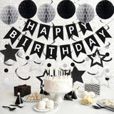 Black & Silver Birthday Decorations Banner, Swirls, Honeycomb Balls and Garland for All Ages