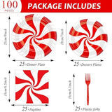 100Pcs Christmas Candy Cane Party Plates And Napkins Party Supplies Peppermint Party Tableware Set Red And White Striped Christmas Winter Party Decor Favors For Holiday Xmas Theme Party Serves 25