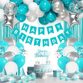 Teal Birthday Decoration Set with Balloons, Banner & Fringe Curtains for Women