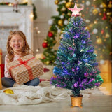 3Ft Pre-Lit Mini Fiber Optic Tabletop Artificial Christmas Tree Small Xmas Tree With Stars Decorations-Transparent