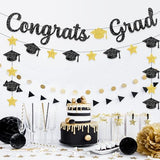 Pre-Strung Graduation Banner Sign, Glitter Congrats Grad Banner, Black Gold