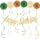 17pcs Sage Green Gold Birthday Set - Banner, Pom Poms, Swirls & Garland Decor