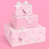 Pink Bows And Stripes Wrapping Paper + Tag Set - 12 Sheets | Girly Birthday Gift Wrap, Decorative Christmas Bag, Bachelorette Party Favor