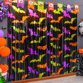 2 Pack Halloween Bat Foil Fringe Curtains 3.3x6.6ft Backdrop Green Orange Purple