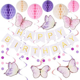 Birthday Decorations Set With Happy Birthday Banner, Butterfly Party Decorations Honeycomb Balls Swirls And Circle Dots Garland