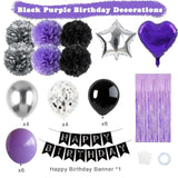 Black Purple And Sliver Happy Birthday Party Decorations Balloons, Purple Birthday Decorations With Banner Curtains For Women Men Boys Girls