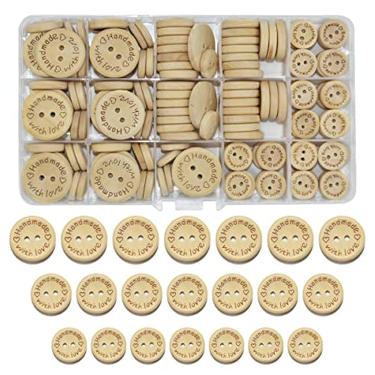 150Pcs Craft Sewing Button 2 Holes Handmade With Love Round Wooden But
