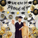 Graduation Decorations Class Of 2025, Black And Gold Graduation Balloons With Hanging Swirl, We Are So Proud Of You Banner, Congrats Grad Garland Party Supplies