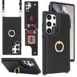For Samsung Galaxy S24 Ultra Case With Card Holder And Strap For Women,Crossbody Lanyard,Ring Stand,Snap Clasp,Phone Wallet Case(6.8 Inch,Black)