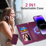 2 In 1 For Iphone 13 Pro Max Wallet Case Magnetic Compatible With Magsafe Rfid Blocking Card Holder Detachable Phone Cover Zipper Purse Kickstand Wrist Strap For Men Women 6.7" 2021 Floral Burgundy