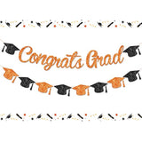 Graduation Party Decorations, Congrats Grad 2026 Glitter Banner Orange Black, Class Of 2026 Cap Bunting Garland Sign For Kindergarten Primary Seniors High School College University