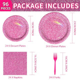 96PCS Hot Pink Party Supplies Set with Holographic Plates & Napkins for 24 Guests