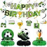 16 Pcs Soccer Birthday Party Decorations Include Soccer Happy Birthday Banner, Table Centerpieces, Paper Cutouts, Hanging Swirl For Boys Sports Football Party Decor