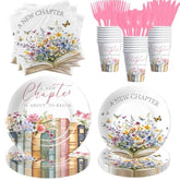 Book Theme Bridal Shower Decorations Tableware, Pink Library Reading Theme A New Chapter Story Book Bridal Shower Party Supplies, Disposable Paper Plate, Cup, Napkin, Cutlery, Serves 24