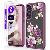 For Samsung Galaxy A35 5G Case+Tempered Glass Screen Protector, Grade Protective Slim Soft Tpu & Hard Pc,Girls Women Crystal Clear Flower Pattern Case Cover For A35 5G-Purple