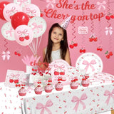 Pink Bow Party Supplies,208Pcs Coquette Birthday Party Decorations Includes Bow Cherry Paper Plates And Napkins,Cups,Banner,Tablecloth,Balloons,Serves 24 For Girls Bachelorette Party