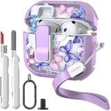 AirPods 4th Generation Secure Lock Case with Automatic Snap Switch Clip Cleaner Kit Lanyard, Women's Stylish Flower Armour Hard Shell Full Body Front LED Visible Case Cover (Purple Butterfly, AirPods 4th)