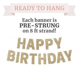 Pre-Strung Gold Glitter Happy Birthday Banner β No DIY Needed, 8ft Garland