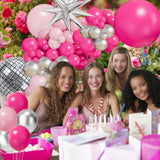 Hot Pink Balloon Garland Arch Kit,Pink Silver Chrome Balloons With Silver Disco Ball Explosion Star Balloon For Girls Women Birthday Party Valentine'S Day Bridal Shower Wedding Mother'S Day