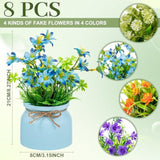 Large Spring Artificial Flowers Potted Centerpieces Desktop Fake Floral Plants In Macaron Pot Greenery For Office Table Home Indoor Bathroom Office Wedding Bridal Decor (8 Pcs,Vivid)