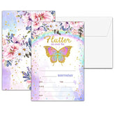 Floral Butterfly Birthday Invitations, Double-Sided Fill In Invitations, Party Favors Decorations Supplies - 20 Cards With 20 Envelopes