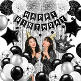 Black & Silver Birthday Decorations – Banner, Balloons, Foil Curtains for All Ages