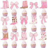 48 Pcs Pink Cowgirl Boots Bows Cupcake Toppers Western Party Decor