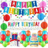 Happy Birthday Decorations Kit: Happy Birthday Banner,Birthday Dots Design Plastic Backdrop, Circle Confetti Garland, Swirl Streamers, Honeycomb Balls & Party Balloons - Table Centerpiece Set