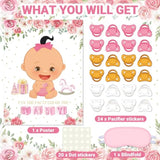 Pin The Pacifier Baby Shower Games Baby Shower Party Decoration Include Large Poster 24 Pacifier Stickers Pink Blindfold Pin Floral Game Set For Birthday Party Decorations Game Supplies(Pink)