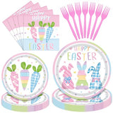 96 Pieces Happy Easter Party Tableware Set – Bunny & Carrot Pastel Design Disposable Plates, Napkins, and Pink Forks for Egg Hunt, Spring Classroom Event, or Holiday Celebration