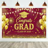 Red Gold Class of 2026 Graduation Backdrop Party Decorations, 71×43'' Congrats Grad Banner Decor, High School College Graduation Party Supplies & Photo Props