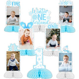 Winter Onederland 1st Birthday Party Decoration, 8pcs Winter Onederland Photo Honeycomb Centerpiece Blue Snowflake Table Topper for Winter Onederland One Year Old 1st Birthday Boy Decoration
