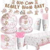 Pink Bear Baby Shower Decorations Girl, Teddy Bear Theme We Can Bearly Wait Baby Shower Decorations Party Supplies, Paper Plate, Napkin, Cup, Banner, Tablecloth, Swirls, Cutlery, Serves 24