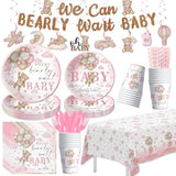 Pink Bear Baby Shower Decorations Girl, Teddy Bear Theme We Can Bearly Wait Baby Shower Decorations Party Supplies, Paper Plate, Napkin, Cup, Banner, Tablecloth, Swirls, Cutlery, Serves 24