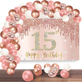 Rose Gold 15th Birthday Backdrop with Balloon Garland & Banner for Girls Party Decor
