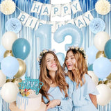 13Th Birthday Decorations For Girls, Blue Official Teenager Decorations Light Blue White Gold Balloons Happy Birthday Banner Tablecloth Fringe Curtain Cake Topper Paper Pom Poms 13 Bday Boys Girls