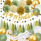 Sage Green Birthday Party Decorations With Happy Birthday Banner,Gold Fringe Curtain,Circle Dots Garland,Tissue Pompoms,Paper Tassels Garland For Girls Women For Party Decor (Sage Green)