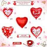 Red Heart Balloons Decorations Set - 18 Inch, Pack Of 12 | I Love You Valentines Day Decorations | I Adore You Heart Shaped Balloons