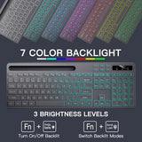 Wireless Keyboard With 7-Color Rgb Backlit, Full-Size Computer Keyboard With Phone Tablet Holder, 2.4G Rechargeable Gaming Keyboard With Light Up Keys, Compatible With Mac, Windows (Grey)