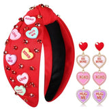 Valentine’S Day Headband For Women Love Xoxo Heart Headbands Jeweled Conversation Heart Knotted Headband Pink Red Rhinestone Crystal Top Knot Headbands Valentine’S Day Accessories Gifts (Red Set)