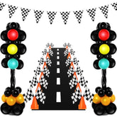 179 Pcs Racing Birthday Party Decorations Includes 141 Traffic Lights Balloon Stand Set 12 Traffic Cones 24 Racing Waving Flags 1 Grid String Flags 1 Racetrack Floor Runner