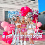 Hot Pink And Silver Disco Balloon Arch Garland Kit 150Pcs With Disco Ball Star Mylar Balloon For Back To 80S 90S Discotheme Prom Women 30Th Birthday Last Rodeo Bachelorette Party Decorations
