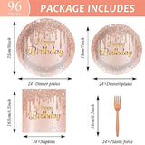 96 Pieces Happy Birthday Tableware Set For Pink Rose Gold Table Decorations Supplies Dessert Plates Napkins Forks Women 24 Guests Disposable Party Favors
