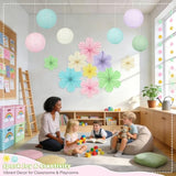 Spring Hanging Decorations - 20Pcs Pastel Party Decorations | Paper Lanterns & Flower Fans Set With Glitter Garland For Pastel Classroom Decor, Office, Baby Shower, Wedding & Easter Wall Decor