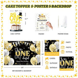 Mr Onederful 1St Birthday Decorations - Boy'S First Black Gold Little Man Party Decorations, Backdrop, Balloon, Photo, Highchair Banner, Box Cutout, Cake Topper, Crown, Poster