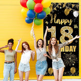 18Th Birthday Door Banner Backdrop, Happy 18Th Birthday Decorations For Girls Boys Black Gold, 18 Years Old Birthday Party Photo Props Yard Sign For Outdoor Indoor, Sturdy,