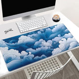 Large Desk Mat With Ocean Wave Design, Extended Gaming Mouse Pad, 31.5 X 15.7 Inches, Blue And White