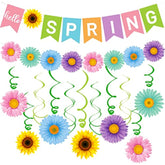 Hello Spring Banner Colorful Flower Hanging Swirls Sun Flowers Daisy Pattern Hanging Banner For Spring Easter Party Decorations Mantle Fireplace Indoor Outdoor Home Classroom Decorations