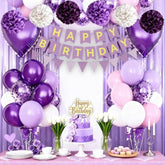 Purple Birthday Party Decorations, Happy Birthday Banner, Fringe Curtain, Star-Shaped Foil Confetti Balloons, Girl Woman 13Th 16Th 18Th 20Th 30Th 40Th 50Th 60Th Birthday Decorations (Purple)
