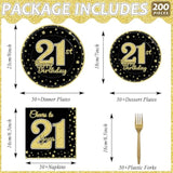 200pcs 21st Birthday Party Supplies Black Gold Plates Napkins Forks Tableware Set